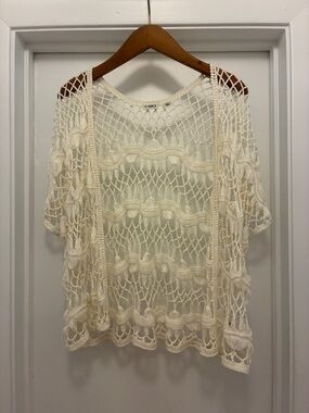 Cato Cream Open-Knit Crochet Short Sleeve Cardigan